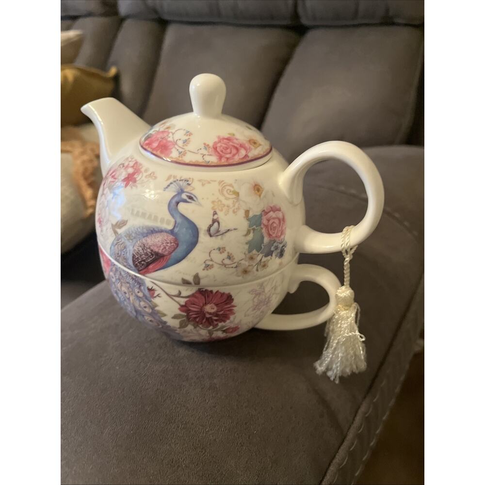 Peacock Tea For One Set Stackable Teapot Cup Mug Floral Pink Gold Tassel Luu BV - Picture 11 of 11